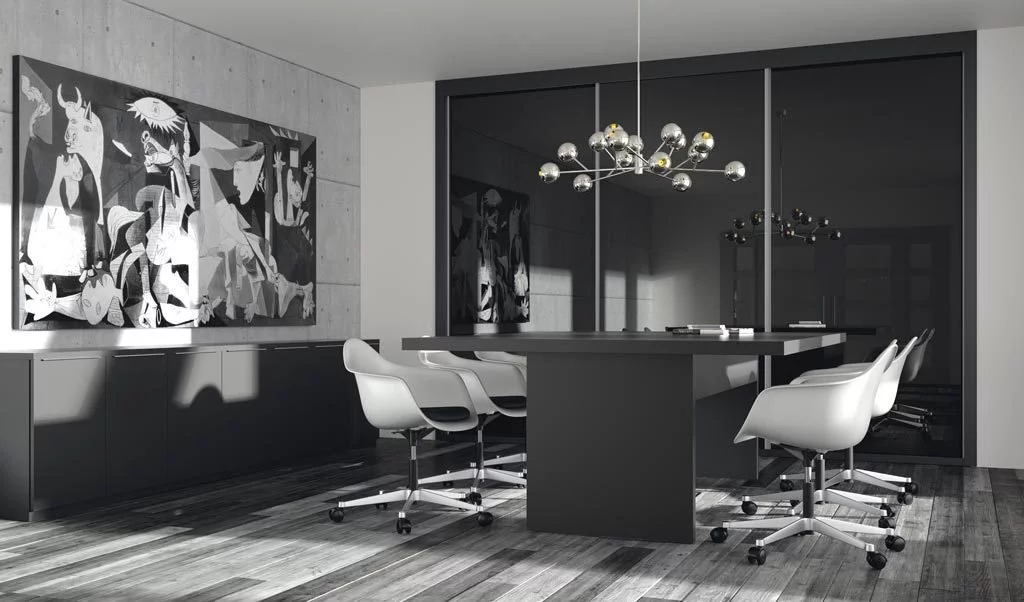 Sala de reuniones elegante con todo el mobiliario en color Vulcano