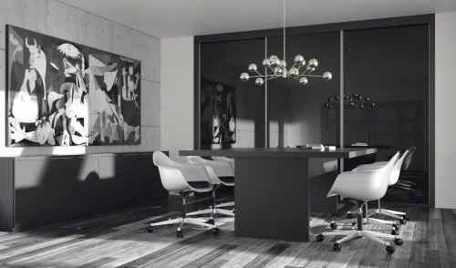 Sala de reuniones elegante con todo el mobiliario en color Vulcano