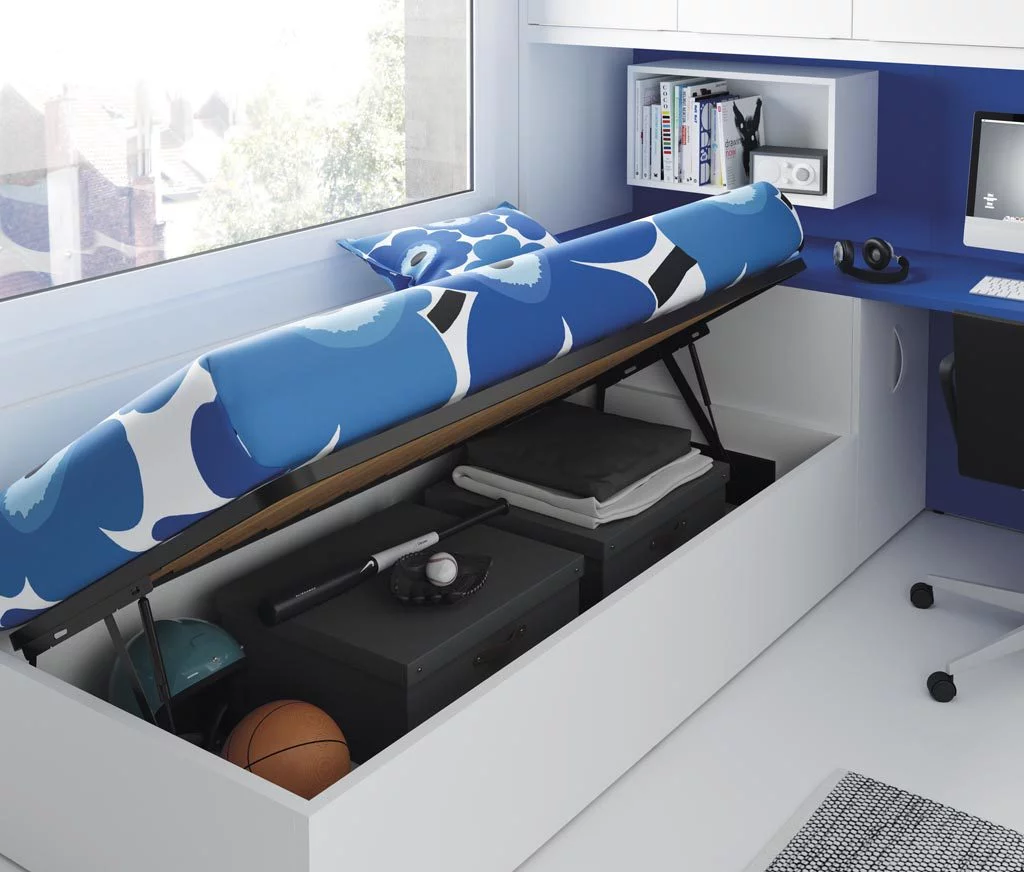 La cama canapé te permite guardar muchas cosas y así puedes mantener la habitación en orden