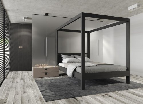 La cama con dosel modelo Canopy es el mueble más importante de este dormitorio de adulto