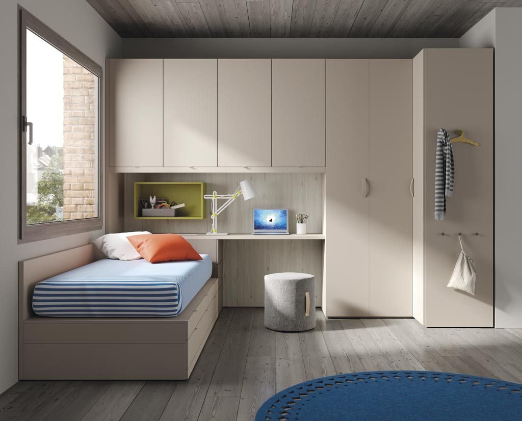Dormitorio juvenil con armario rincón y altillo