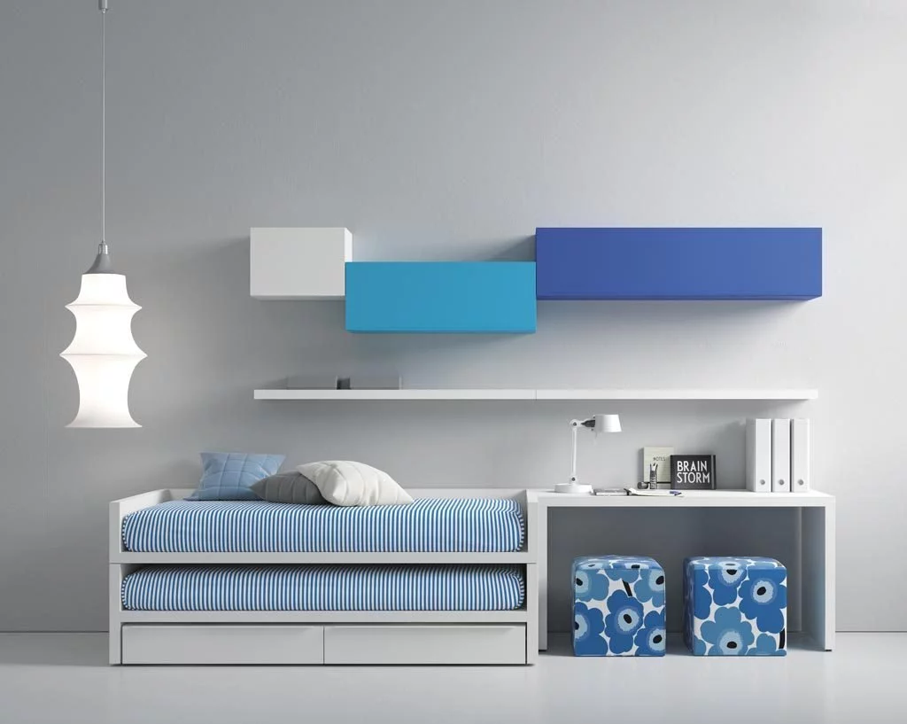 Dormitorio Juvenil moderno que combina el color Blanco con tonos Azules