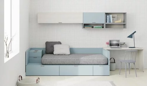 Dormitorio juvenil con cama nido con mesita incorporada de la colección NEST