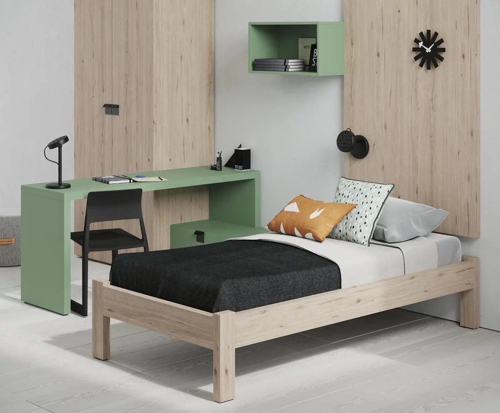 El modelo de cama es el Bold y tiene un acabado en color Nórdico