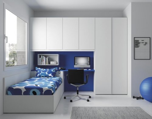Dormitorio juvenil muy fresco y luminoso al combinar el color Blanco con el color Azul