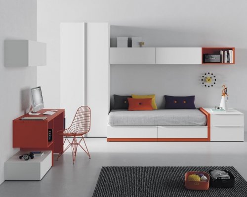 Dormitorio juvenil en color blanco con unos toques mandarina