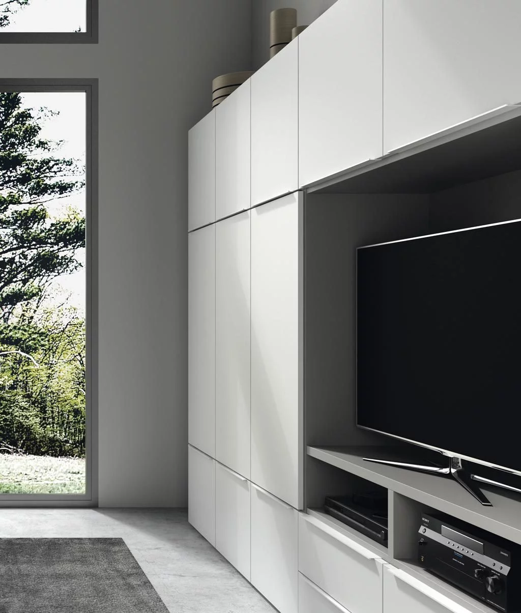 Mueble TV integrado a módulos de puertas y cajones