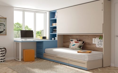 Cama abatible alta con una cama nido inferior