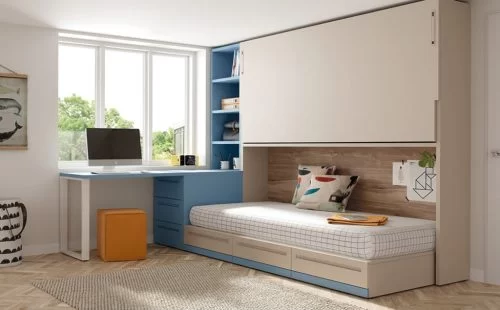 Cama abatible alta con una cama nido inferior