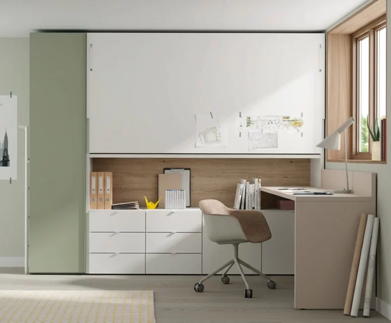 Cama abatible alta con zona de cajones y mesa estudio Cama abatible alta con zona de cajones y mesa de estudio