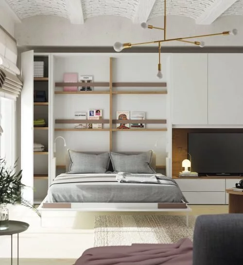 Cama plegable vertical abierta en un Loft reformado