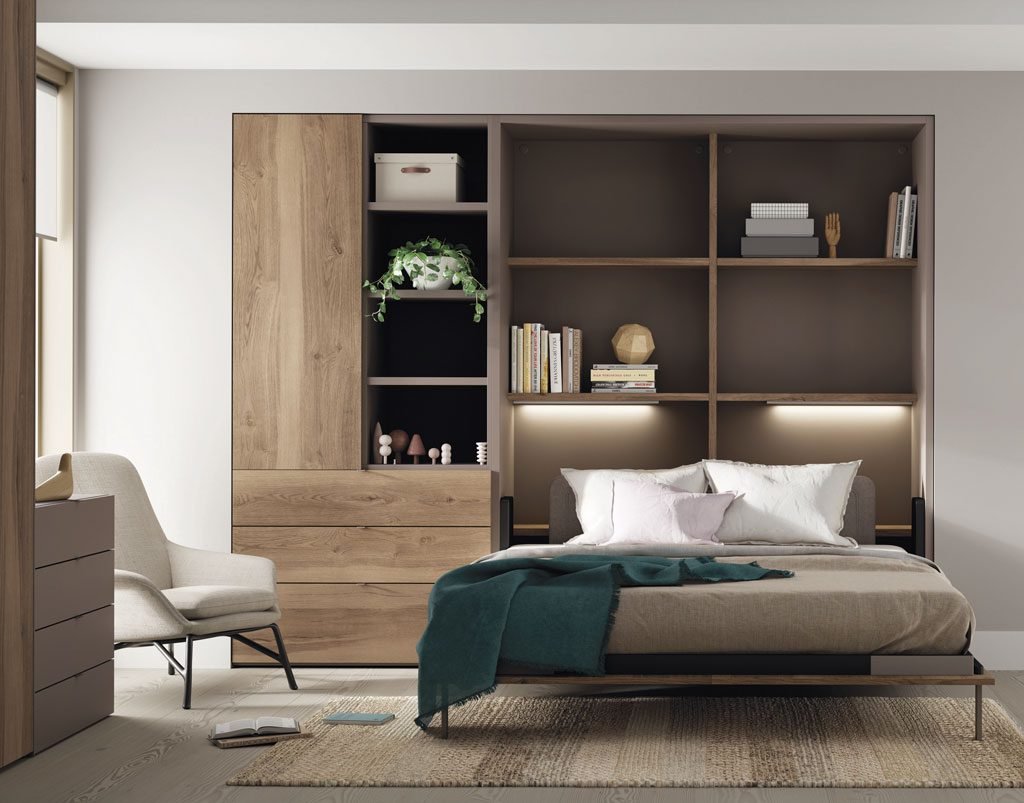 Cama abatible vertical de matrimonio integrada con el resto de módulos