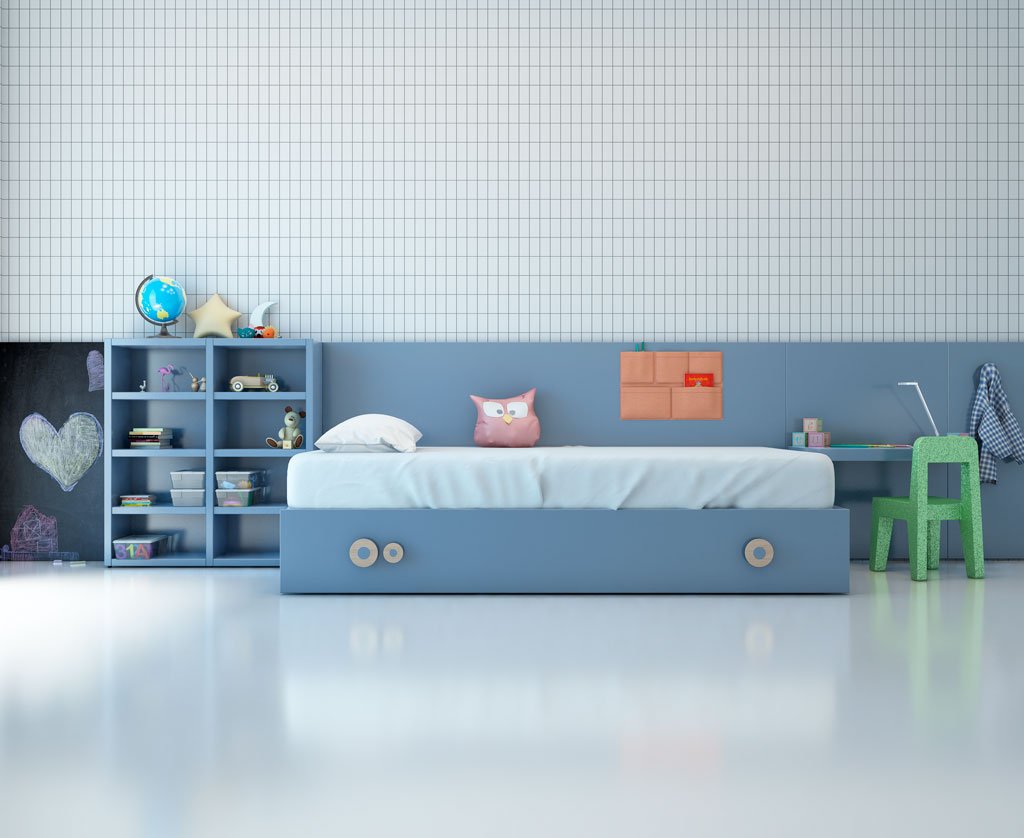 Cama del dormitorio infantil toda en color Aqua