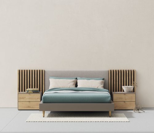 Cama que combina los cabeceros modelo Set tapizado y el Slat
