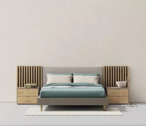 Cama que combina los cabeceros modelo Set tapizado y el Slat