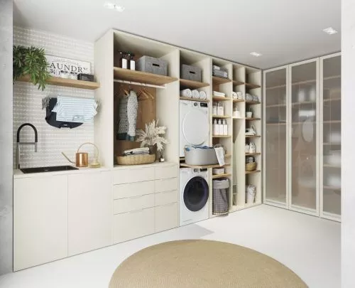 Habitación lavadero con módulos de cajones, estantes y armarios