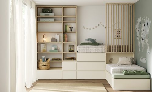Dormitorio juvenil con cama alta, cama nido y armario grande