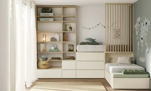 Dormitorio juvenil con cama alta, cama nido y armario grande