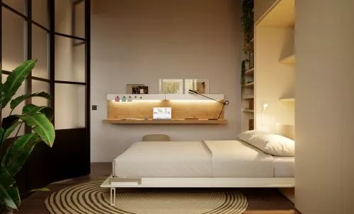 Cama plegable vertical empotrada abierta para habitaciones modernas