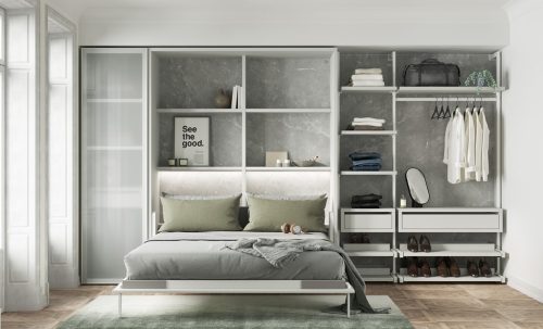 Dormitorio con cama de matrimonio abatible vertical y vestidor abierto