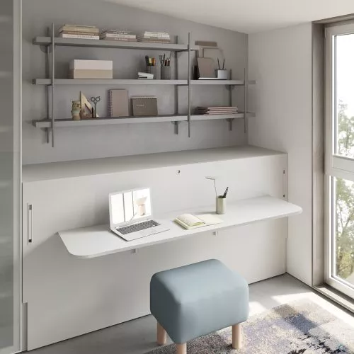 Dormitorio juvenil con cama abatible horizontal con mesa Flap Detalle de la mesa Flap abierta en color Sake