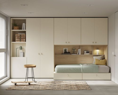 Dormitorio juvenil en tono neutro y claro con mesa plegable