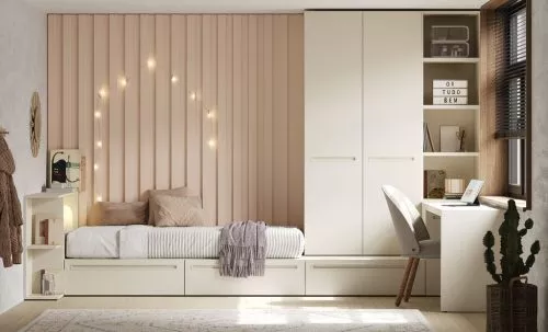 Dormitorio con cajones bajo la cama y un panelado muy favorecedor