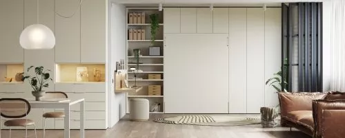 Loft con dormitorio de cama abatible, armarios y escritorio colgado integrado en el salón