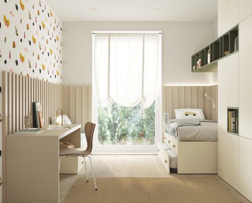 Dormitorio con bicama en acabado Ivory, Arena y Khaki