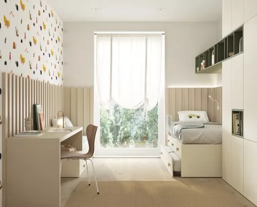 Dormitorio con bicama en acabado Ivory, Arena y Khaki