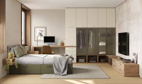 Cama con cajones inferiores, escritorio y armario grande