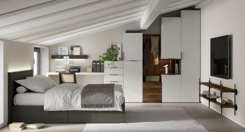 Dormitorio modular con espacio para almacenaje y escritorio integrado