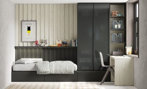 Dormitorio con armario con puertas acristaladas y paneles decorativos