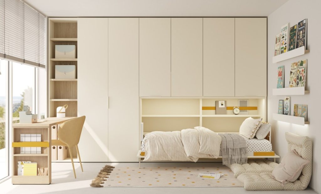 Dormitorio juvenil moderno con armario a medida en acabado Ivory y Frida, cama abatible vertical integrada y escritorio plegable de jotajotape